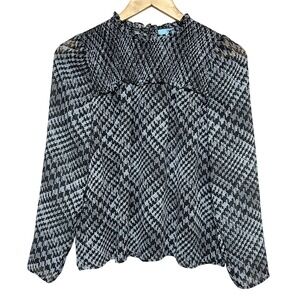 CeCe Puff Sleeve Plaid Blouse Womens XS Houndstooth Sheer Long Sleeve‎ Office